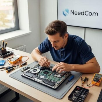 Técnico realizando mantenimiento preventivo en notebook y PC